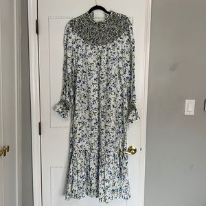 Floral maxi dress linen with a crisscross pattern at the neck, mock turtleneck